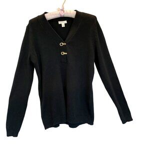 Charter Club V-neck Sweater Cotton Blend Gold Clasps Women's Size Medium Black